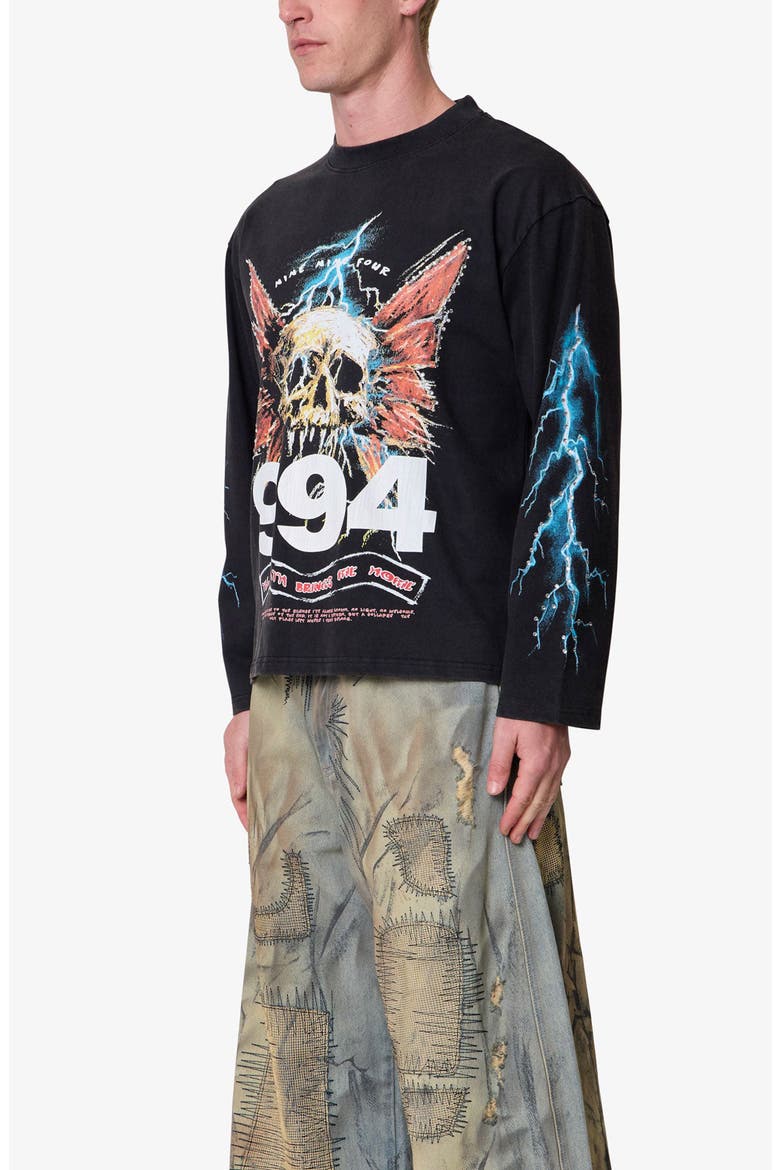 Gem Skull Long Sleeve Cotton Graphic T-Shirt, Alternate, color, BLACK