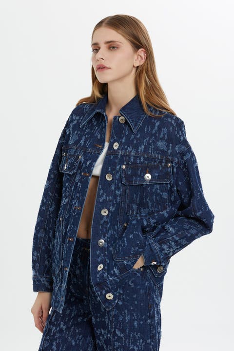 Patterned Navy Button-Front Denim Jacket