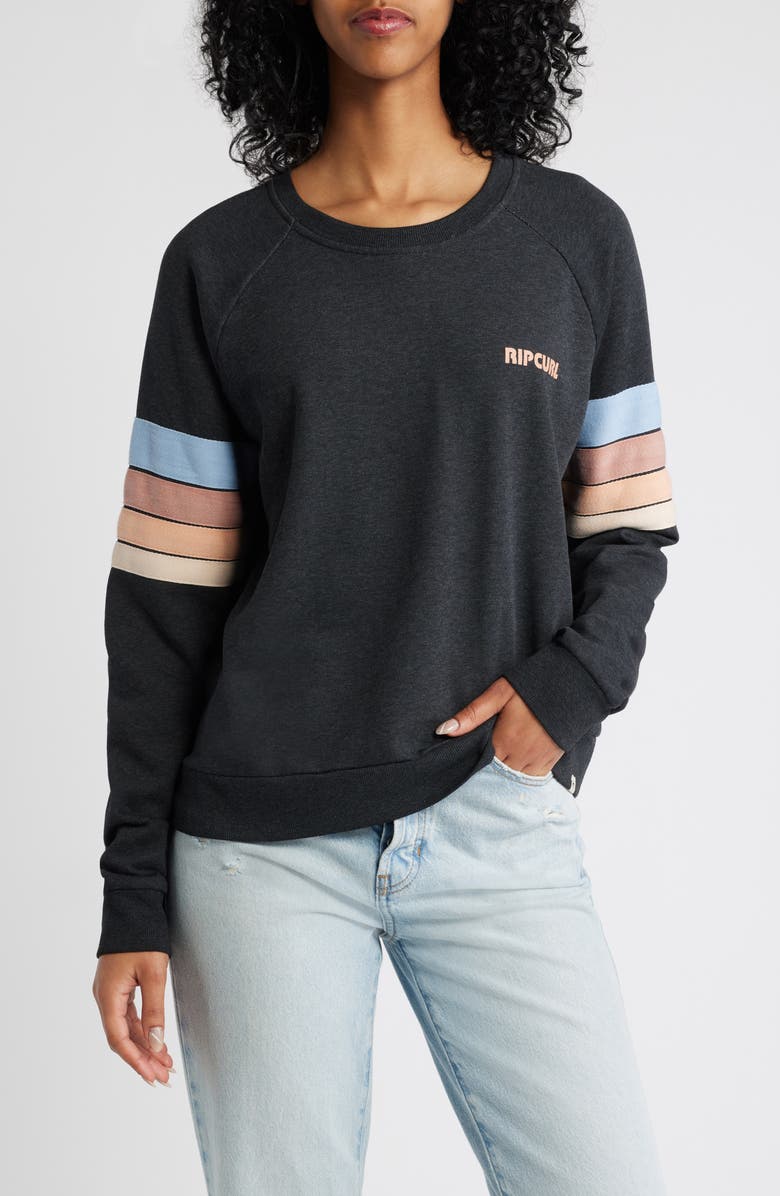 Rip Curl High Tide Stripe Raglan Sleeve Sweatshirt, Main, color, Black Marle
