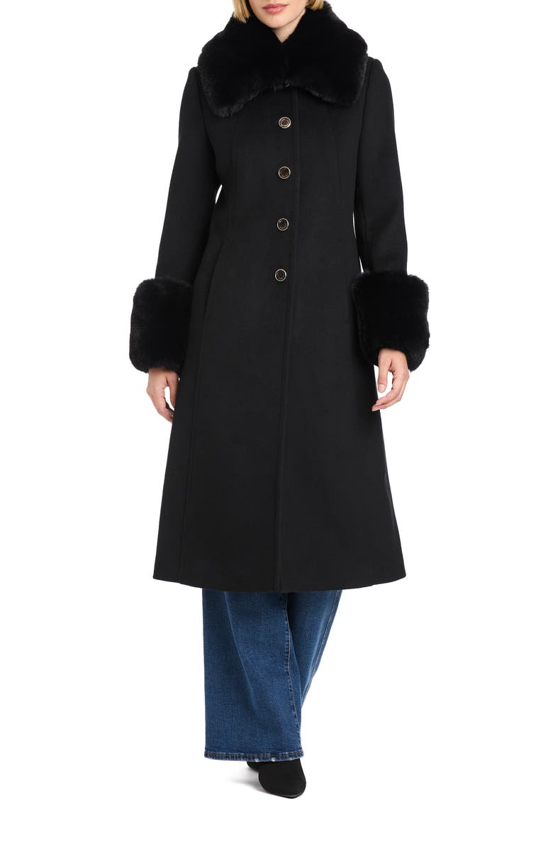 Vince Camuto Single Breasted Coat with Removable Faux Fur Collar & Cuffs, Main, color, Black