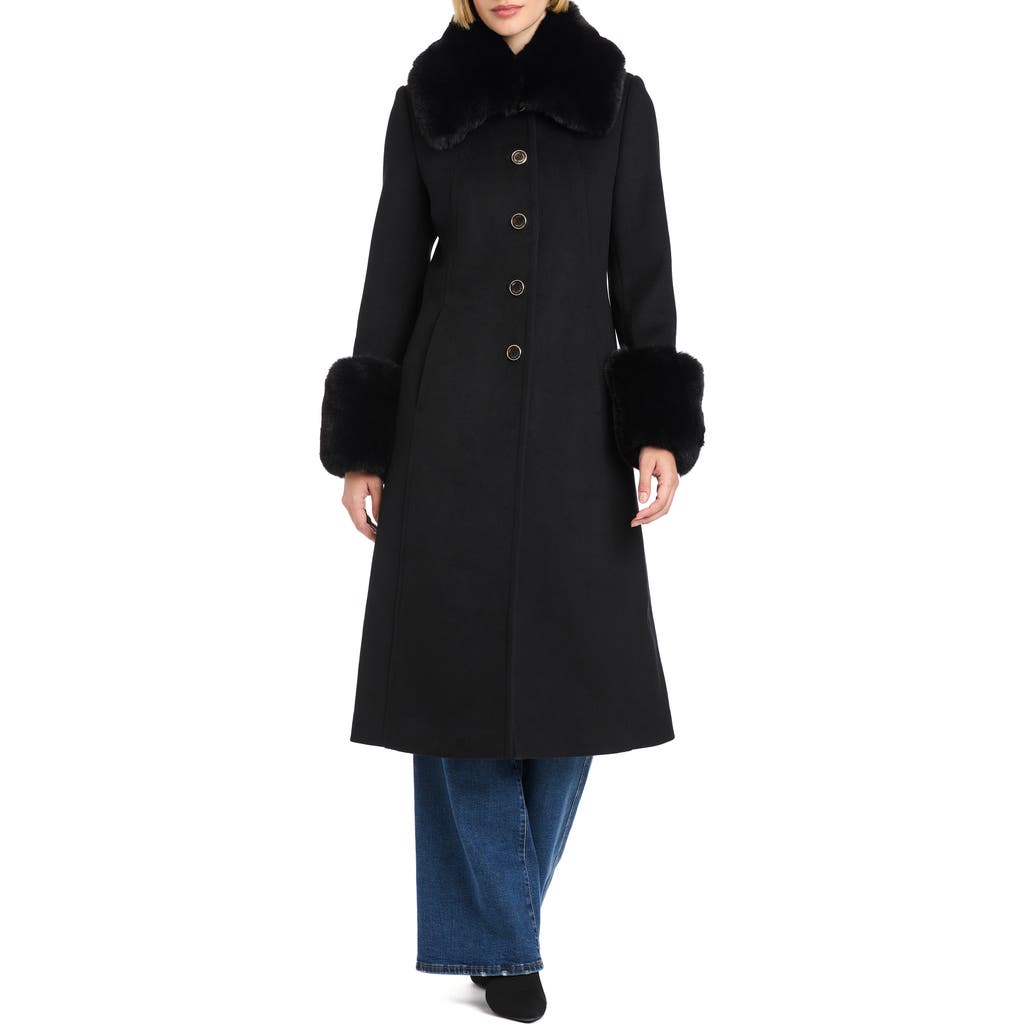 Vince Camuto Wool Blend Coat With Removable Faux Fur Collar And Cuffs In Black