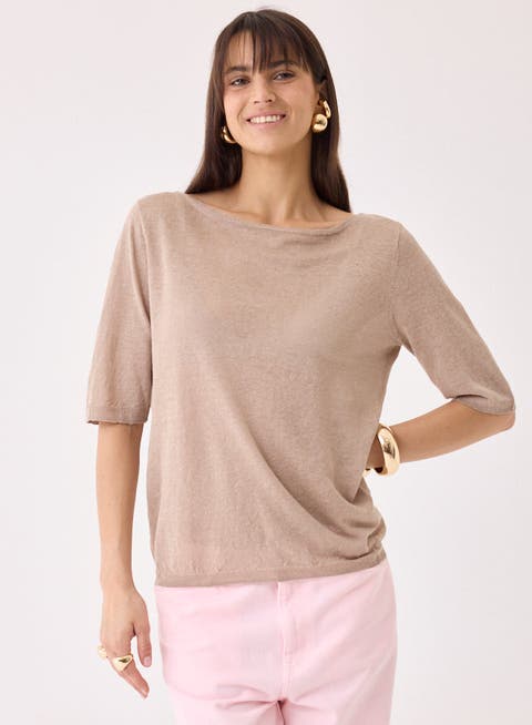 Stretch Linen Knit Three Quarter Sleeve Boatneck Shirt