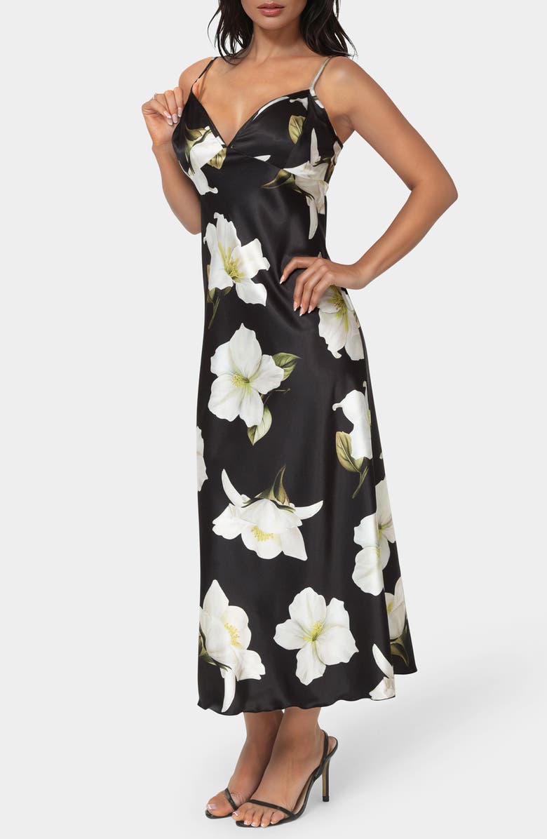 bebe Floral Satin Slipdress, Alternate, color, Black/ Ivory