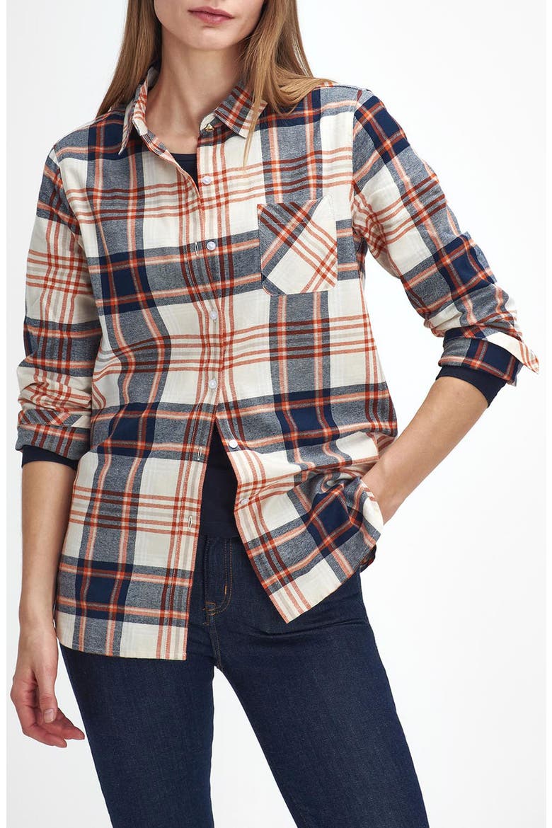 Pendula Check Cotton Button-Up Shirt, Main, color, CLOUD WHITE/ SPICED PUMPKIN