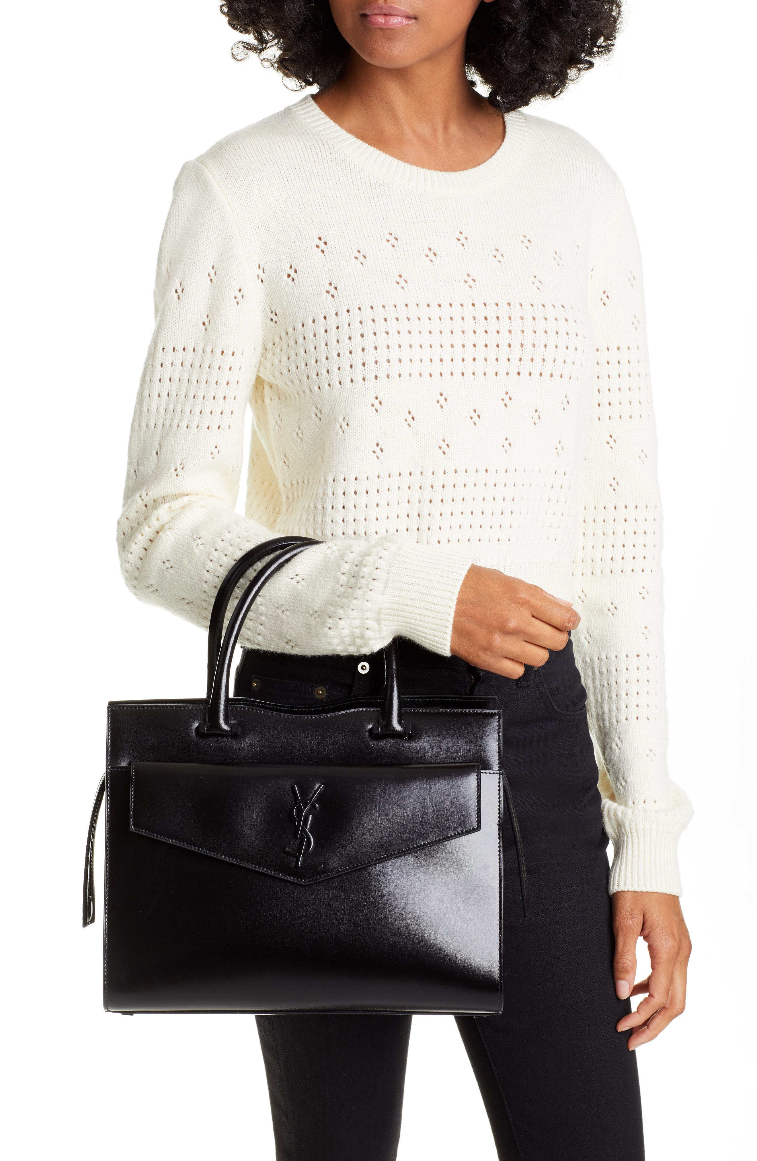 Saint Laurent Medium Uptown Cabas Leather Satchel, Alternate, color, 