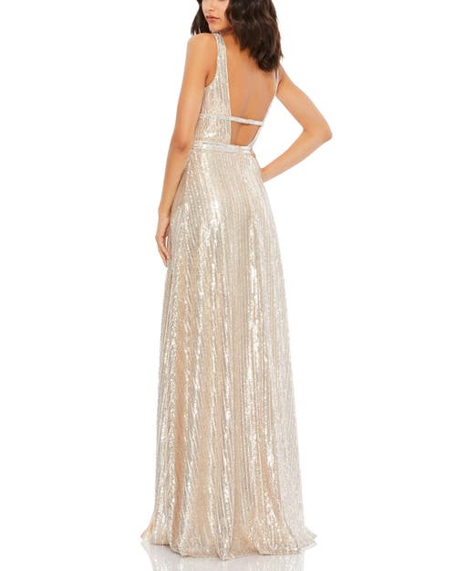 Mac Duggal Metallic Sequin Gown In Nude Silver