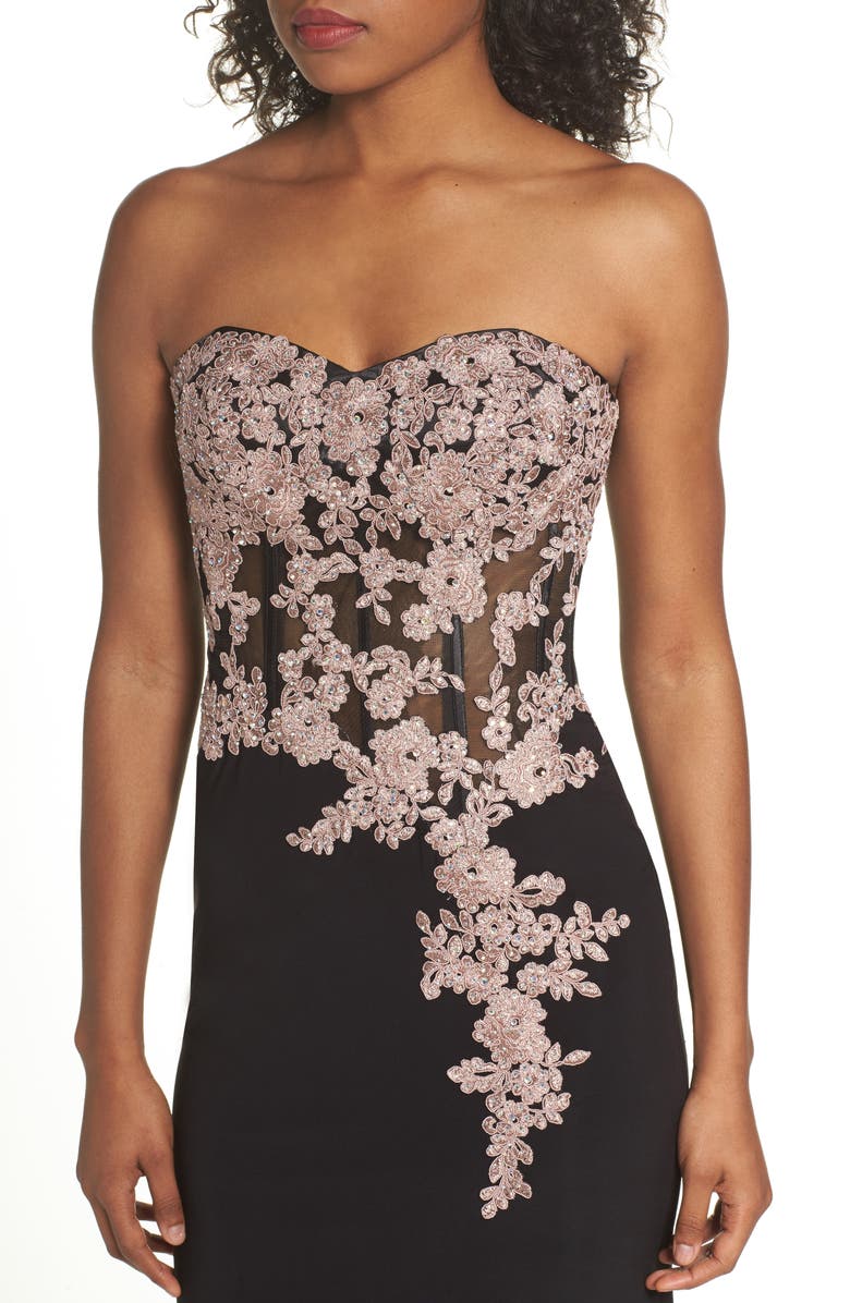 Blondie Nites Appliqué Strapless Bustier Gown, Alternate, color,