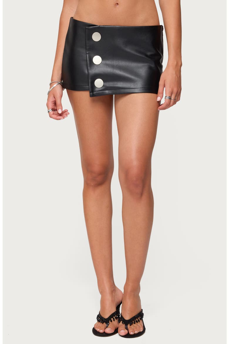 Kaine Snap Faux Leather Miniskirt, Main, color, BLACK