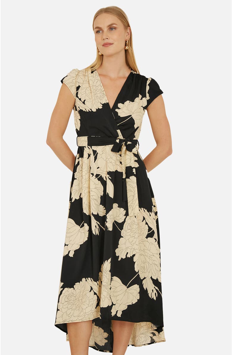 Yumi Blossom Print Dipped Hem Wrap Midi Dress, Alternate, color, Black