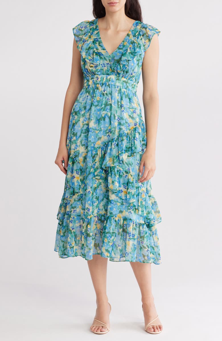 MELLODAY Floral Flutter Sleeve Tiered Dress, Main, color,