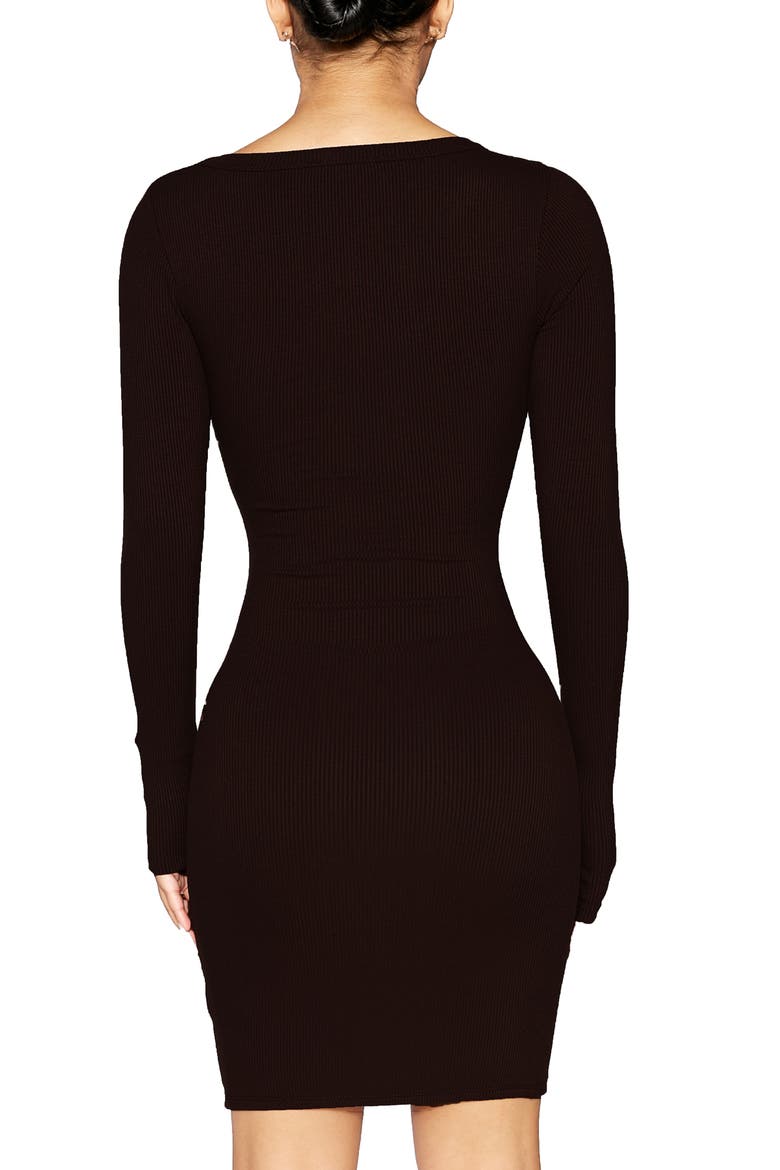 Micro Rib Asymmetric Long Sleeve Body-Con Minidress, Alternate, color, BLACK