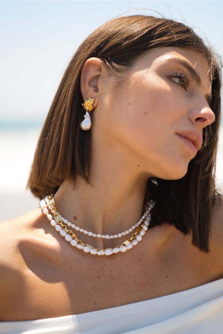 Leah Seashell Freshwater Baroque Pearl Drop Earrings, Alternate, color, Gold