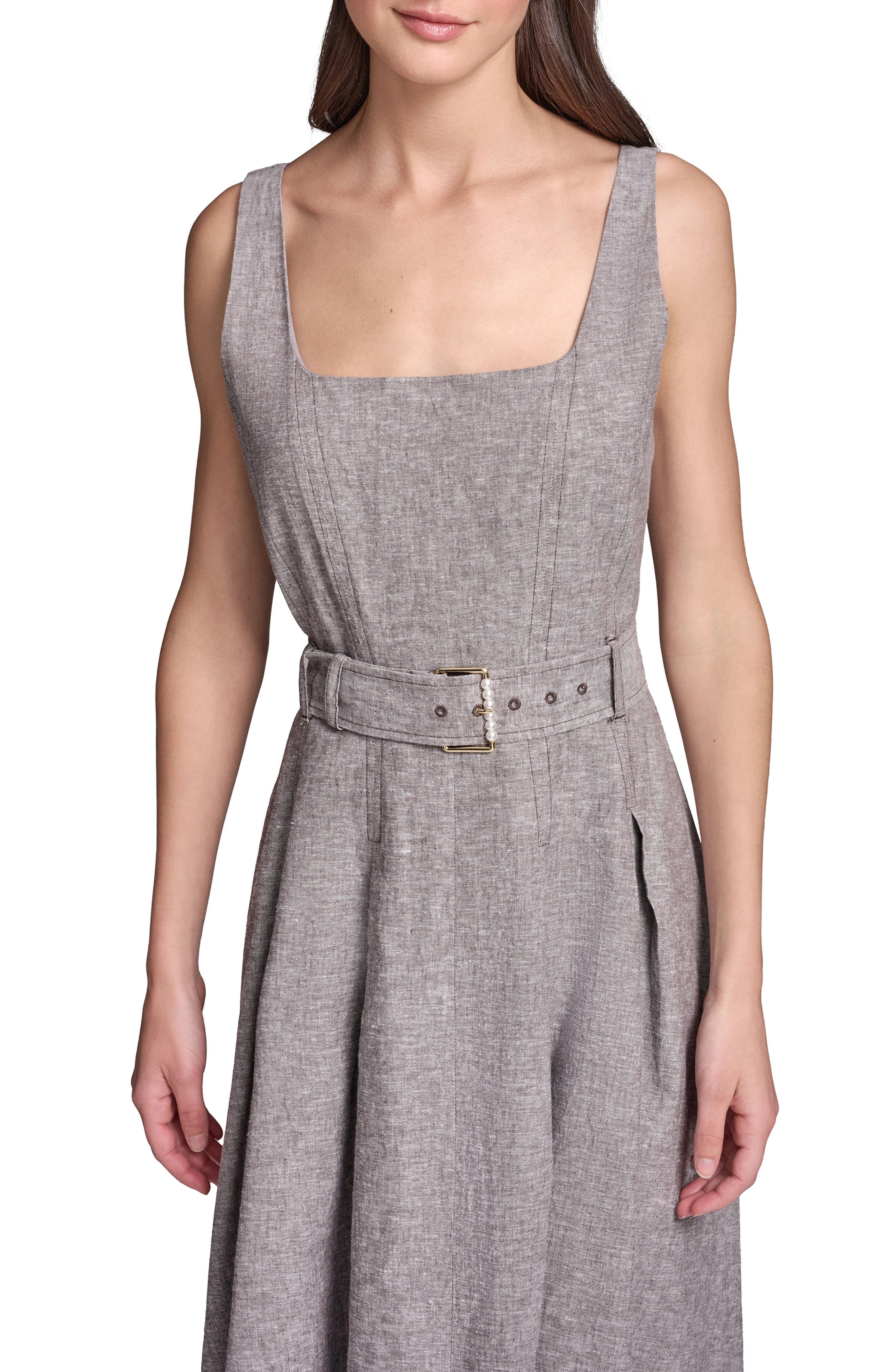 belted linen blend midi dress Sleeveless Belted Linen Blend Midi Dress (Women)