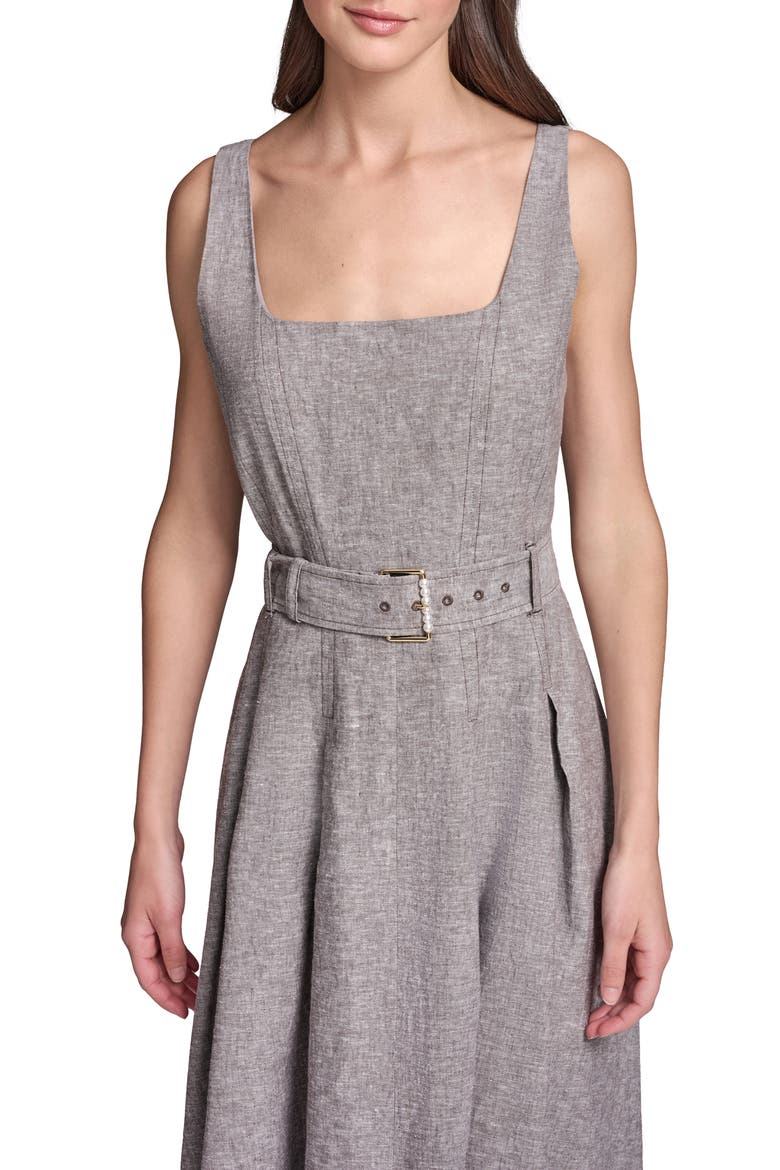 Sleeveless Belted Linen Blend Midi Dress, Alternate, color, EARTHY BROWN