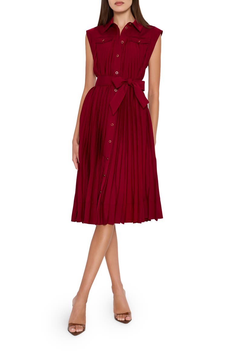 Johanna Pleated Twill Midi Dress, Main, color, BURGUNDY