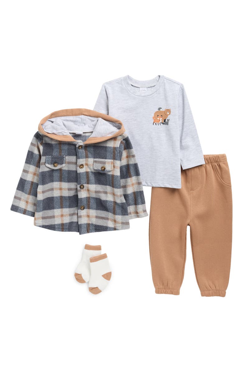 PL Baby by Petit Lem T-Shirt, Joggers, Shacket & Socks Set, Main, color, Brown Plaid