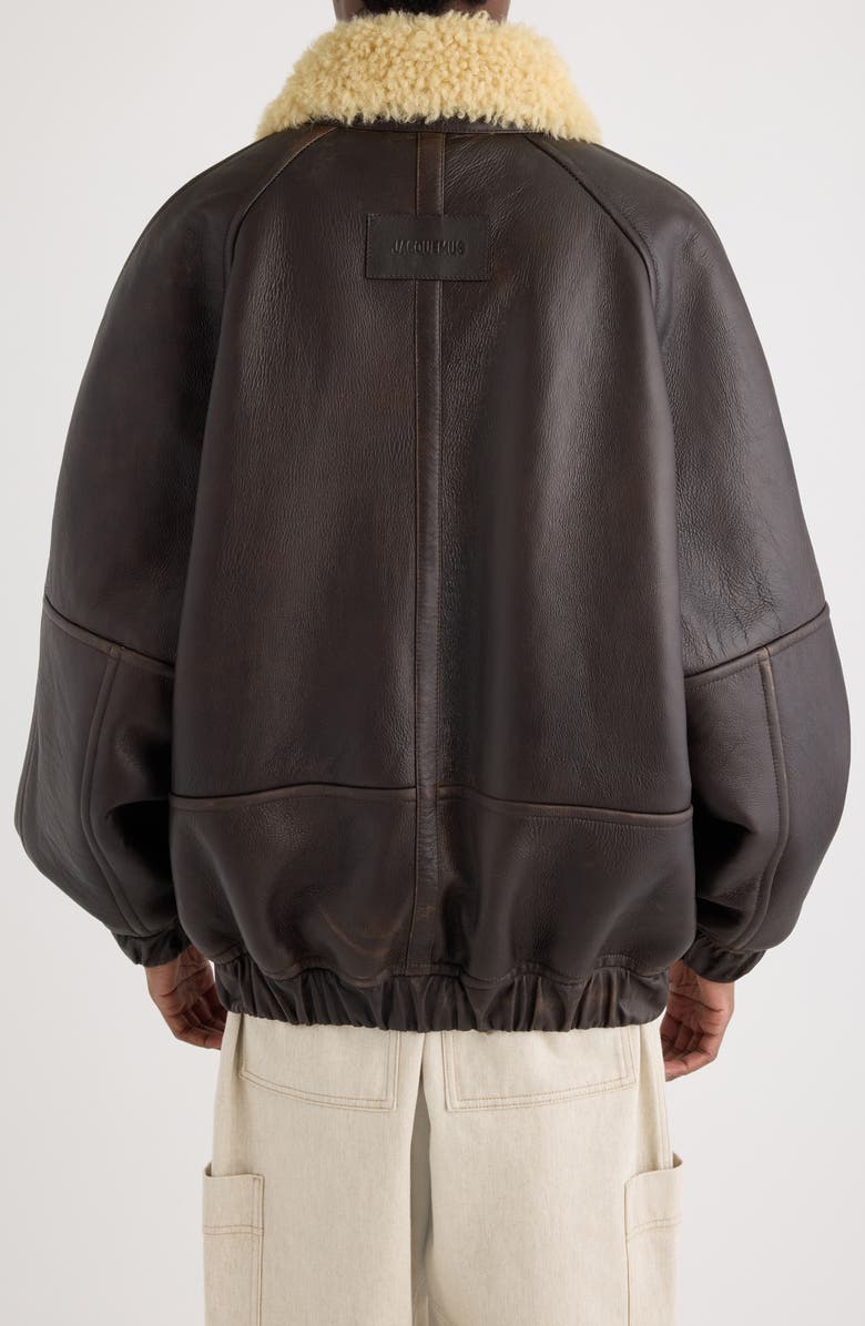 Jacquemus Le Bombardier Lambskin Leather & Genuine Shearling Aviator Jacket, Alternate, color, Dark Brown