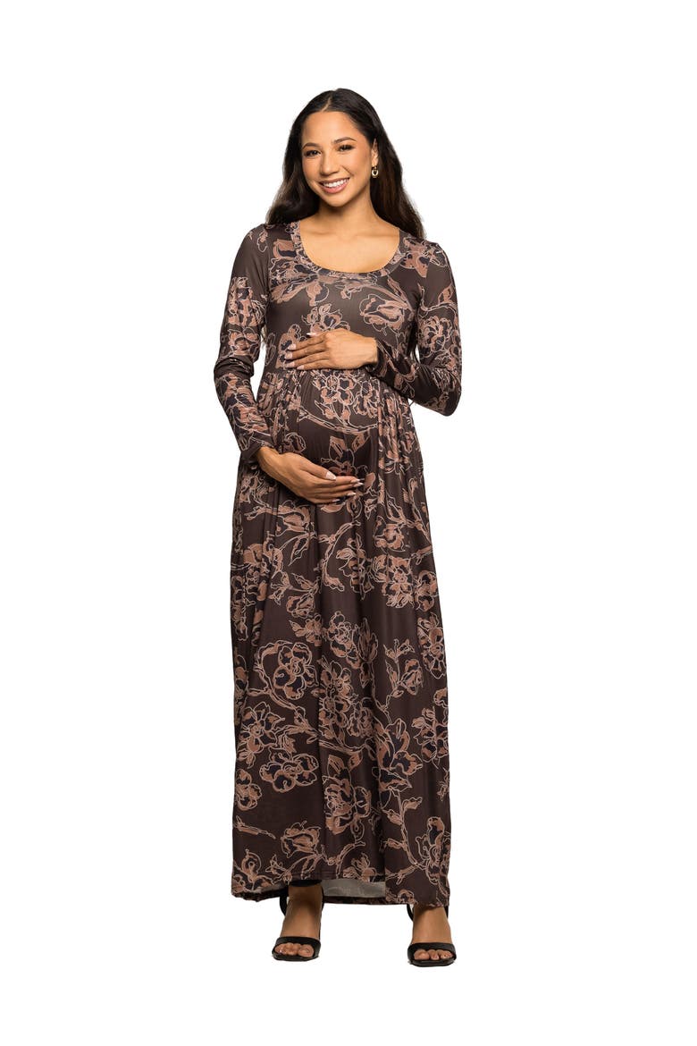 Floral Long Sleeve Scoop Neck Maxi Dress, Main, color, Brown Multi