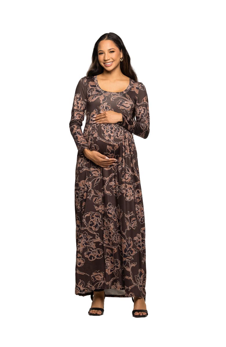 24seven Comfort Apparel Floral Long Sleeve Scoop Neck Maxi Dress, Main, color, Brown Multi