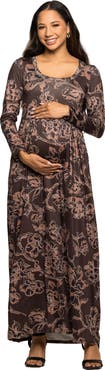 24seven Comfort Apparel Floral Long Sleeve Scoop Neck Maxi Dress