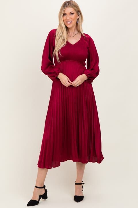 Satin Smocked Pleated Midi Dress