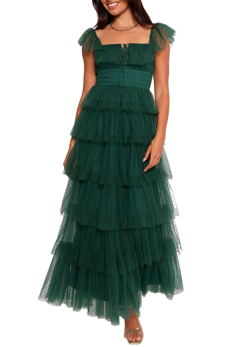 Belle Swiss Dot Tulle Tiered Maxi Dress, Main, color, HUNTER GREEN