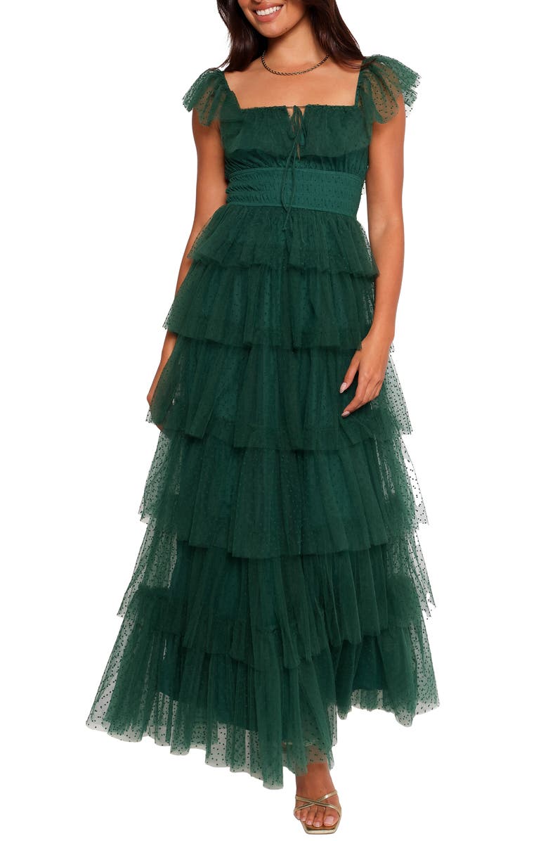 Petal & Pup Belle Swiss Dot Tulle Tiered Maxi Dress, Main, color, Hunter Green
