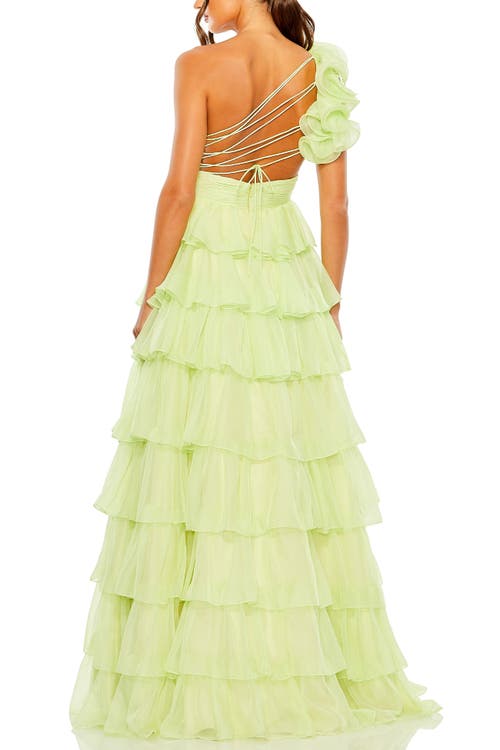 Mac Duggal One Shoulder Ruffle Tiered Ballgown In Pistachio