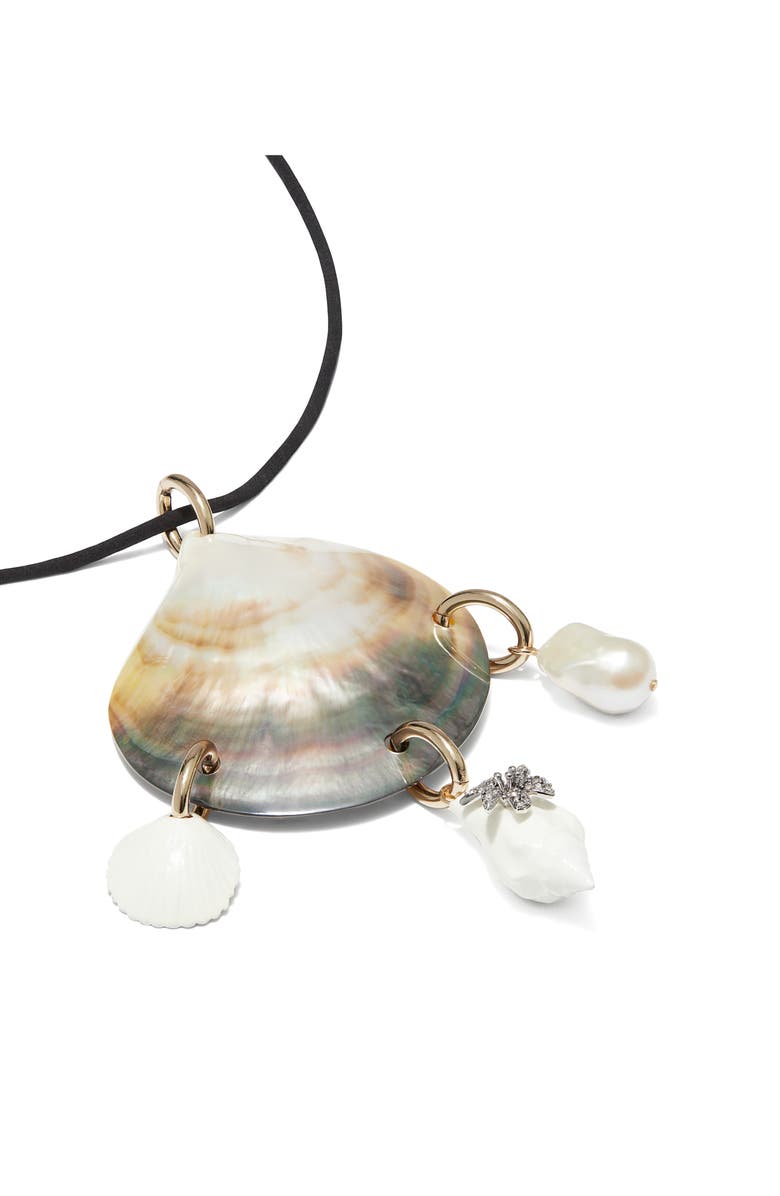 Tory Burch Shell & Cultured Pearl Pendant Necklace, Alternate, color, Black / Ivory