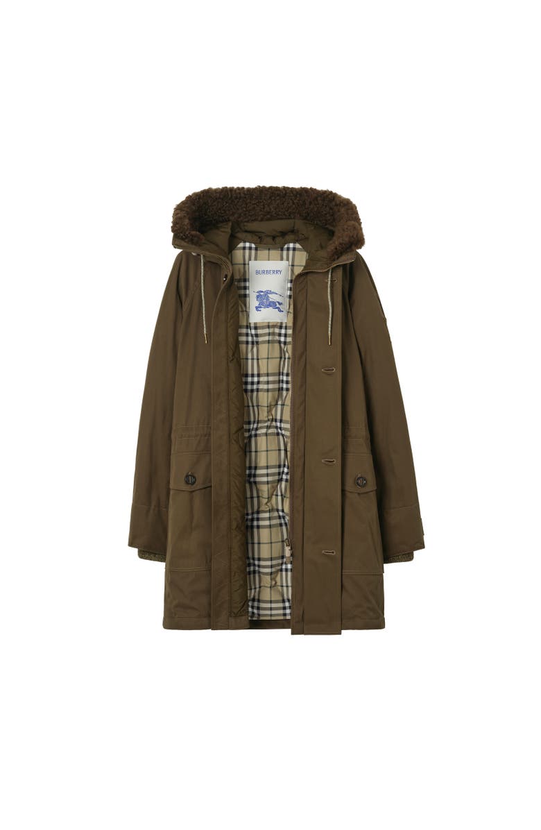 Burberry Shearling Trim Gabardine Parka, Alternate, color, Juniper Green
