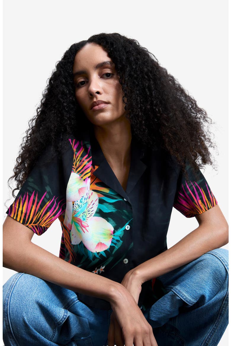 Tropical Floral Print Woven Shirt, Alternate, color, BLACK