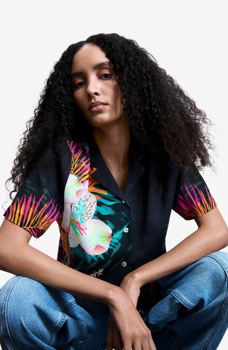 Desigual Tropical Floral Print Woven Shirt, Alternate, color, Black