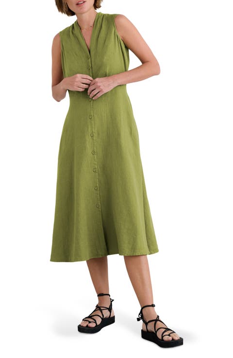 Carved Wood Sleeveless Linen Midi Dress