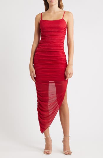 Jump Glitter Ruched Asymmetrical Hem Bodycon Homecoming Dress, Womens, XL, Red