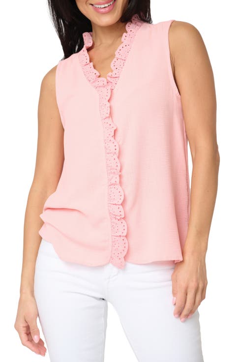 Embroidered Eyelet Trim Button-Up Top