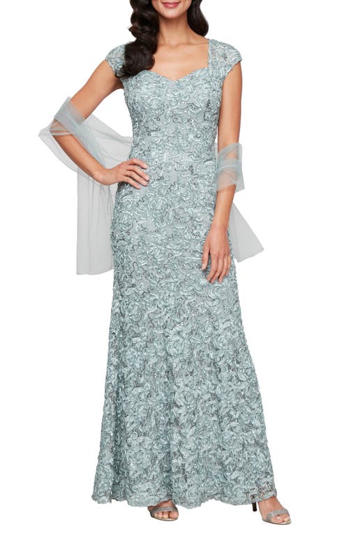 Alex Evenings Soutache Sequin Lace A-line Gown With Wrap In Ice Sage