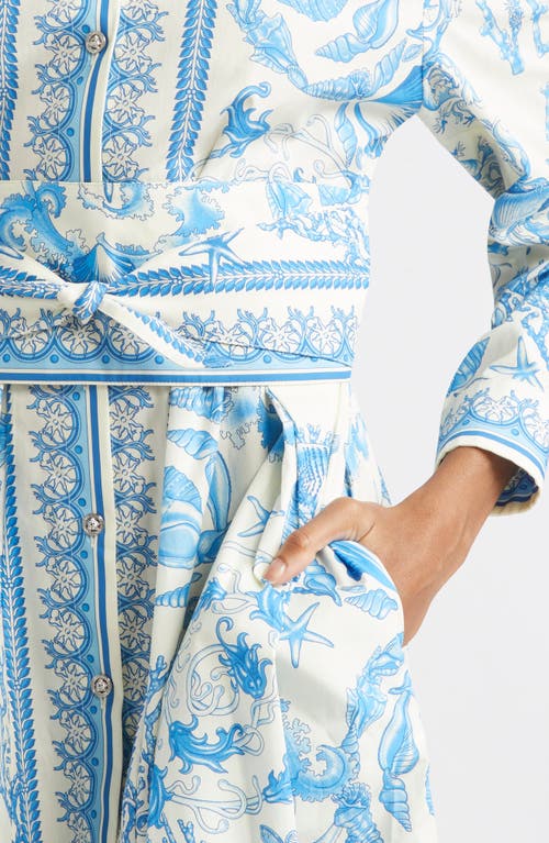 Versace Underwater Barocco Long Sleeve Cotton Poplin Shirtdress In Blue