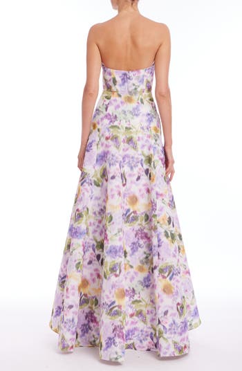 Abstract Floral Strapless High-Low Taffeta Gown