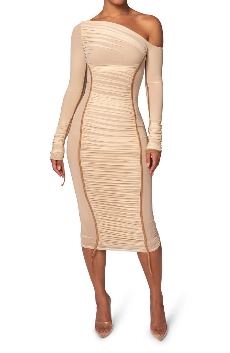 JLUXLABEL Monika Ruched One-Shoulder Mesh Midi Dress, Main, color,