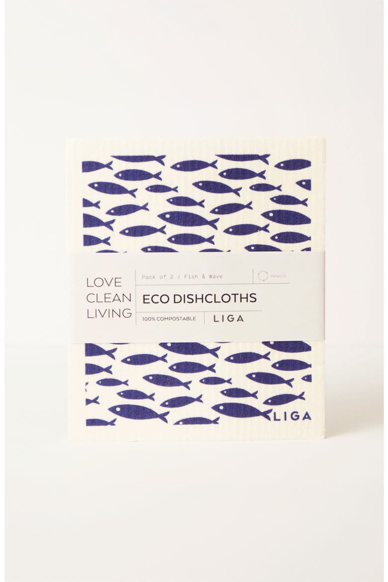 Tea Towels - Fish Set of 2 + Dishcloths Set of 2 - Fish and Wave, Alternate, color, Fish and Wave
