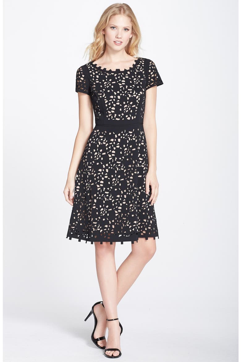 Laser Cut Crepe Fit & Flare Dress, Alternate, color, BLACK/ NUDE