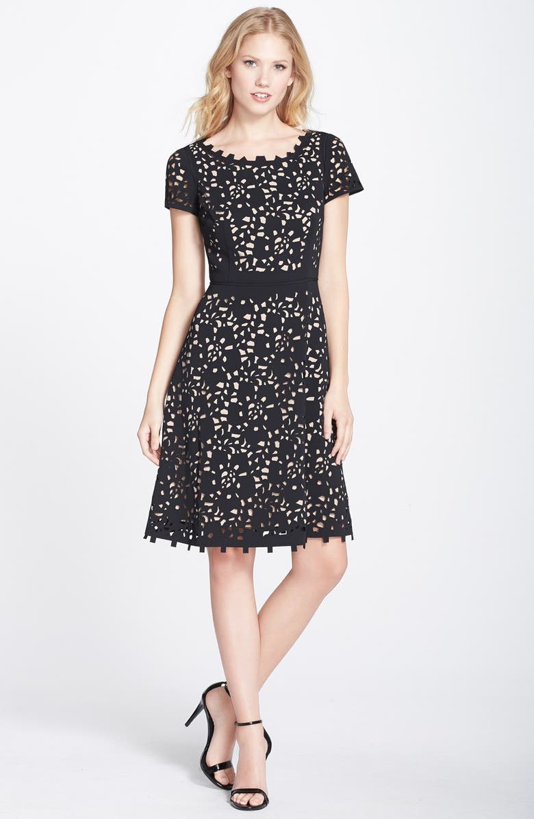 Nue by Shani Laser Cut Crepe Fit & Flare Dress, Alternate, color,