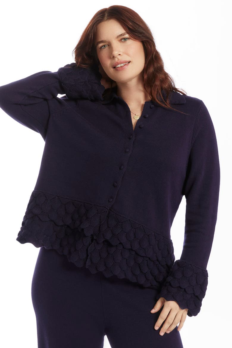Ruffled Peplum Cardigan Sweater, Alternate, color, INKLING
