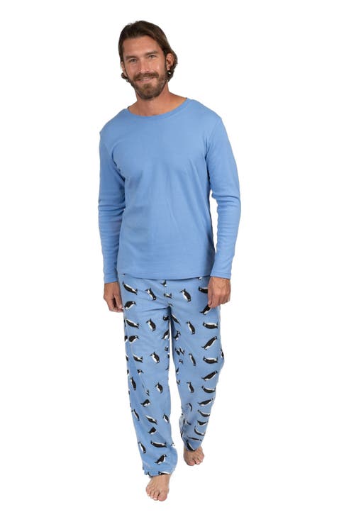 Men's Cotton Top & Fleece Pants Printed Matching Family Holiday Pajama Set (S-XXL)