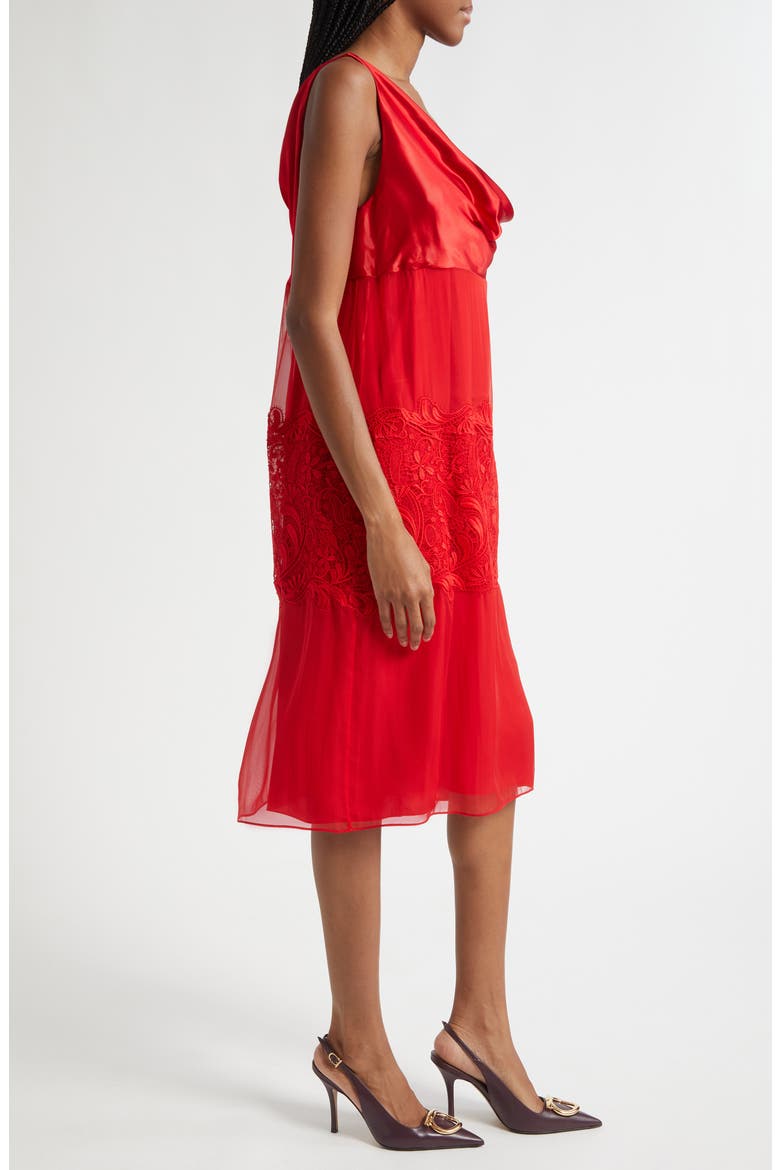 Lace Trim Cowl Neck Satin & Chiffon Shift Dress, Alternate, color, NEW RED