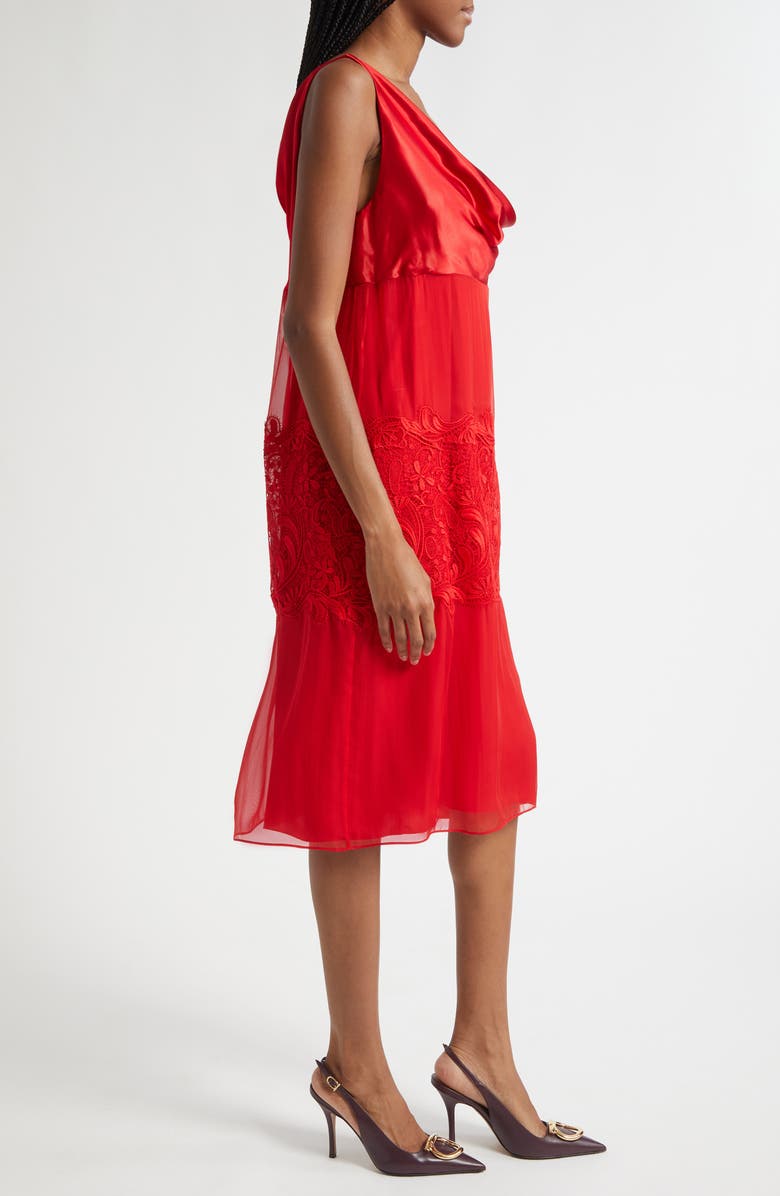 FERRAGAMO Lace Trim Cowl Neck Satin & Chiffon Shift Dress, Alternate, color, New Red