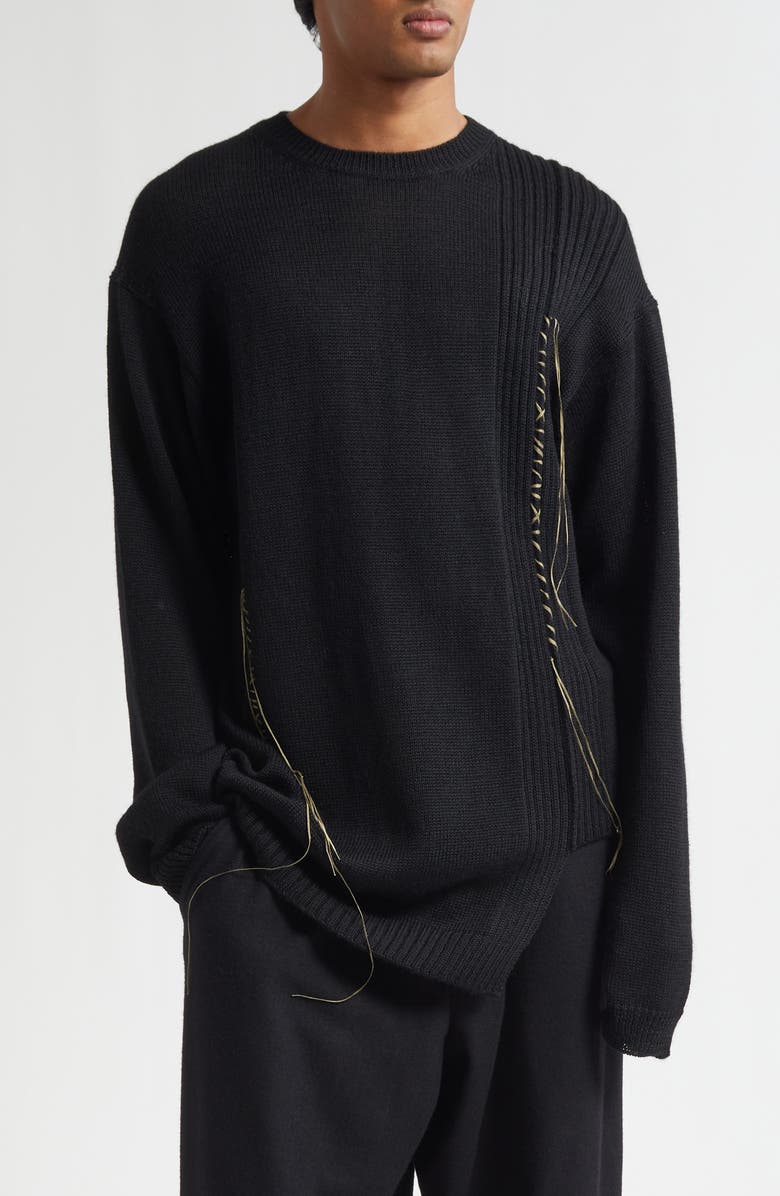 Yohji Yamamoto Asymmetric Embroidered Wool & Cotton Sweater, Main, color,
