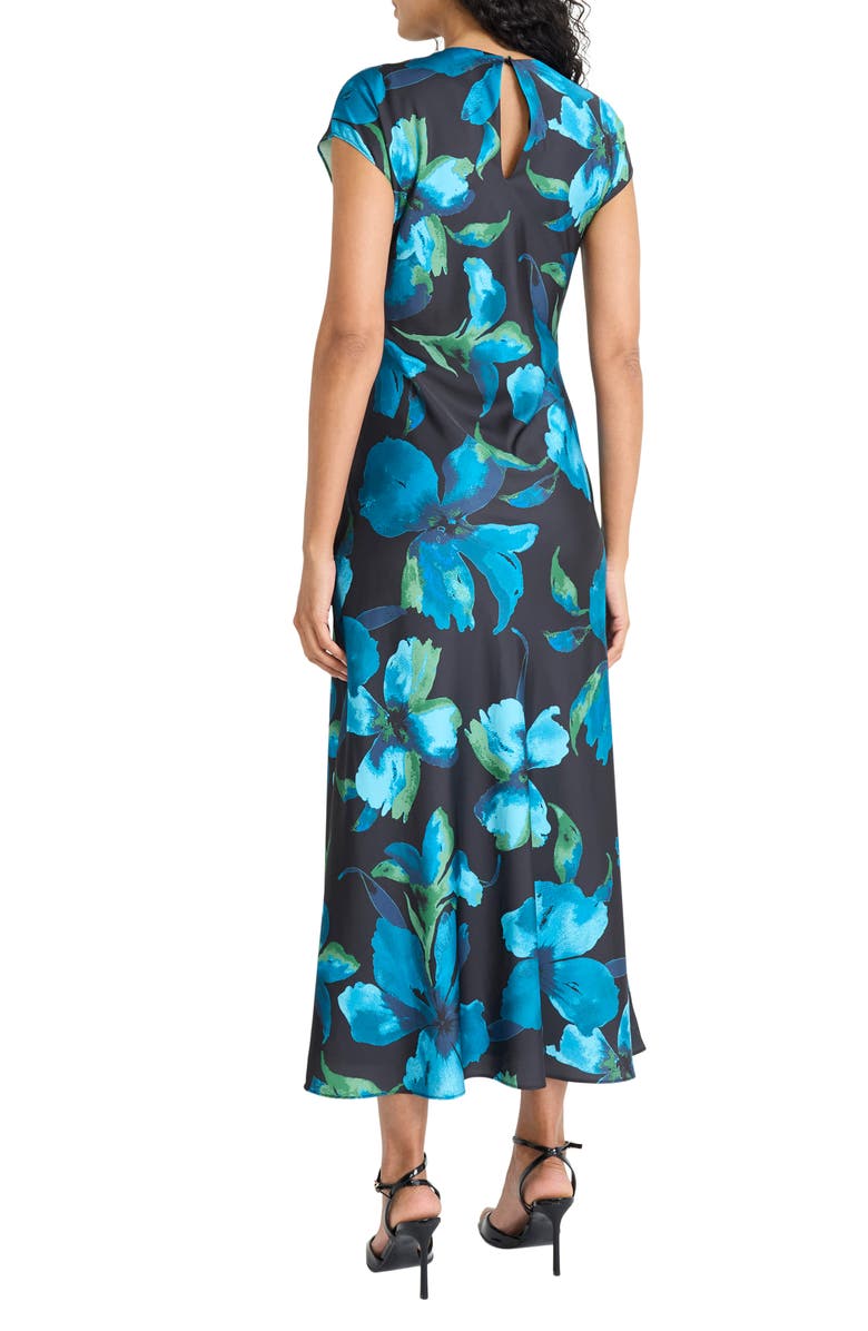 Maggy London Floral Cap Sleeve A-Line Maxi Dress, Alternate, color, Black/ Aegean Teal