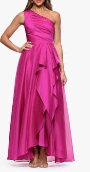 Xscape Evenings One-Shoulder Metallic Organza Gown