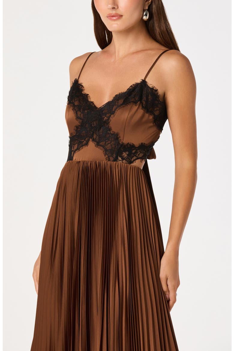 Andy Pleated Lace Detail Maxi Dress, Alternate, color, BROWN